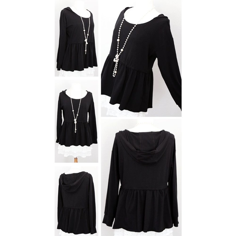 Black Hooded Babydoll Peplum Pullover Cotton Top - Picture 3 of 8
